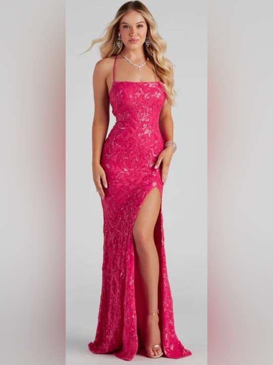Windsor Dresses & Skirts - Windsor Fuchsia Sequin Lace Gown with Thigh Slit